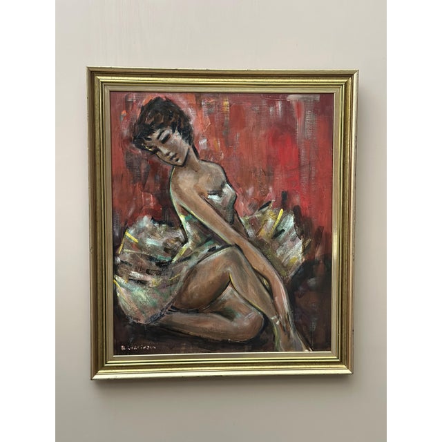 Original swedish oil on canvas – female model by bendt lauritzen – vintage & framed – 81 × 70 cm (31.9" × 27.6") a poised...