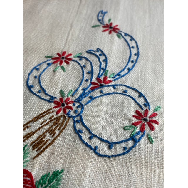 Asian Antique Vintage 1950s Linen Tea Towels: Embroidered Fruit Baskets, Red Trim - a Pair For Sale - Image 3 of 9