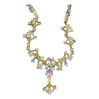 MCM Jewelry by Ark. Necklace With Rhinestone Pastel Tones of Light Blue, Soft Pink, Peridot Green, Yellow, and Clear Crystals For Sale