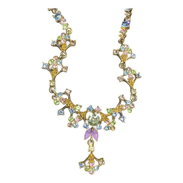 MCM Jewelry by Ark. Necklace With Rhinestone Pastel Tones of Light Blue, Soft Pink, Peridot Green, Yellow, and Clear Crystals For Sale