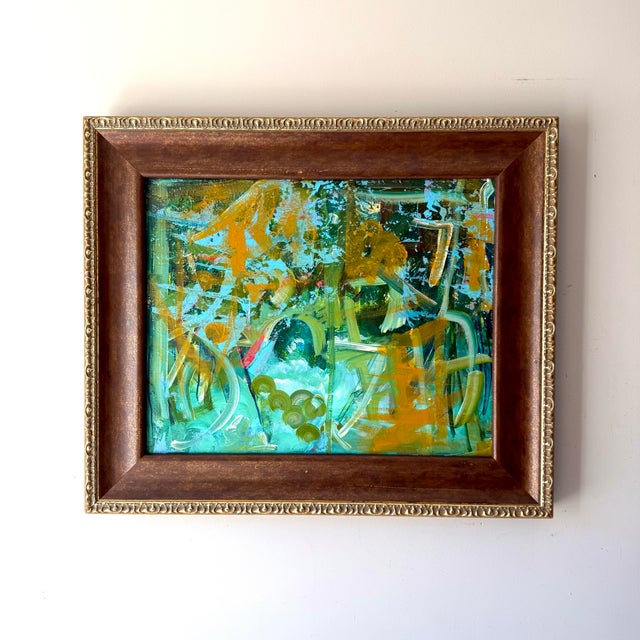 Vintage custom framed abstract mixed media painting in a heavy brown and gold wood frame. The piece has vibrant shades of...
