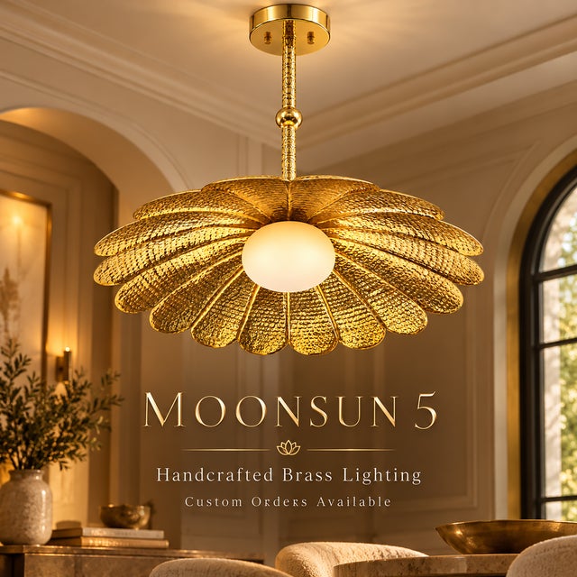 Handmade Brass Flower Chandelier, Hammered Floral Pendant Light, Art Deco Ceiling Fixture For Sale - Image 10 of 13