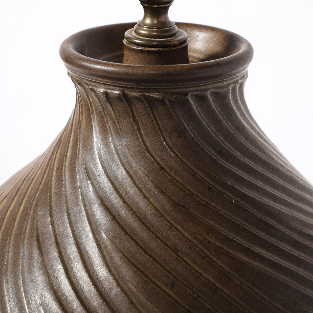 Burnt Umber Mid-Century Modernist Spiral Grooved Table Lamp in Burnt Umber Ceramic For Sale - Image 8 of 12
