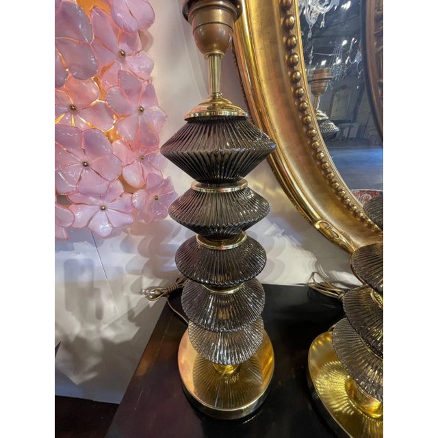 Early 21st Century Pair of Modern Smoke Colored Murano Glass and Brass Lamps For Sale - Image 5 of 8