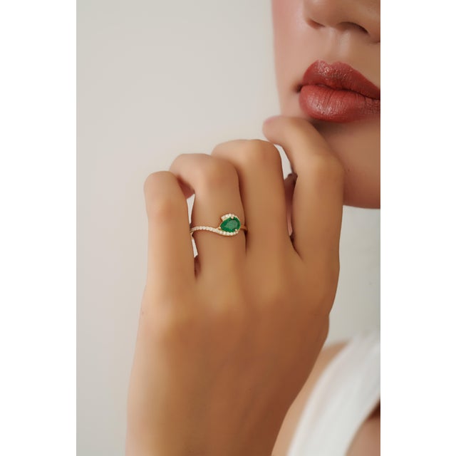 Not Yet Made - Made To Order 14k Gold Contemporary Pear-Shaped Emerald & Diamond Halo Bypass Ring Size 5.5 For Sale - Image 5 of 15