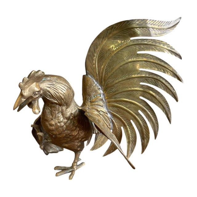 Mid-Century Modern Vintage Sculptural Rooster Figurine in Possibly Brass With Oversized Tail Feathers. For Sale - Image 3 of 10