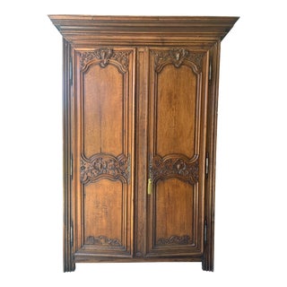 Early 20th Century Antique French Oak Armoire Wardrobe With Hand Carved Details For Sale