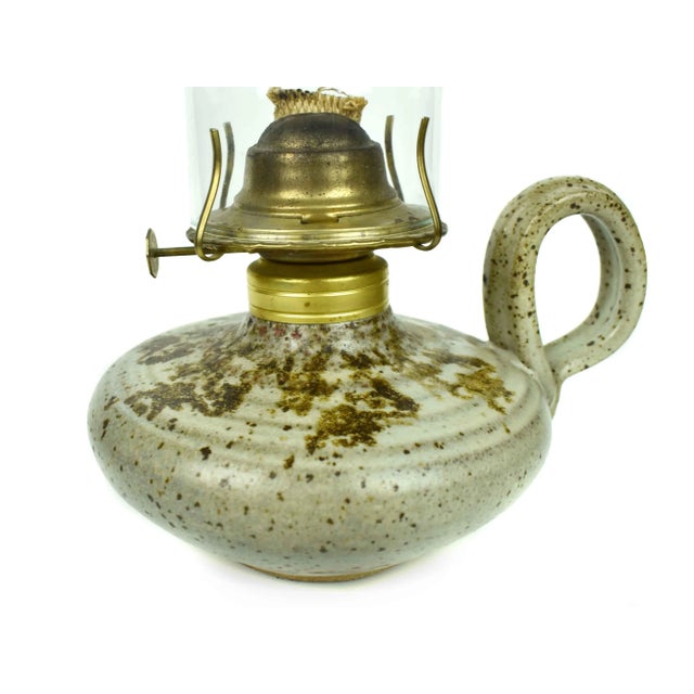 Mid 20th Century Late 20th Century Handmade Oil Lamp Pottery With Glass Shade by Conti For Sale - Image 5 of 11