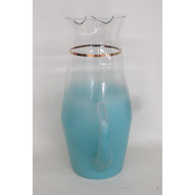 Mid 20th Century West Virginia Glass Company Turquoise Blendo Pitcher With Gold Accent For Sale In Miami - Image 6 of 17