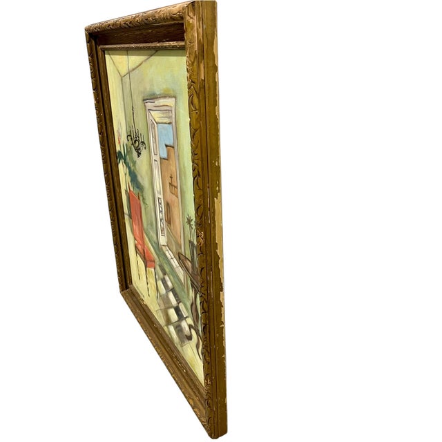 Vintage Spanish Style Naïve Folk Art Interior Painting in Ornate Carved Wood Frame For Sale - Image 9 of 12