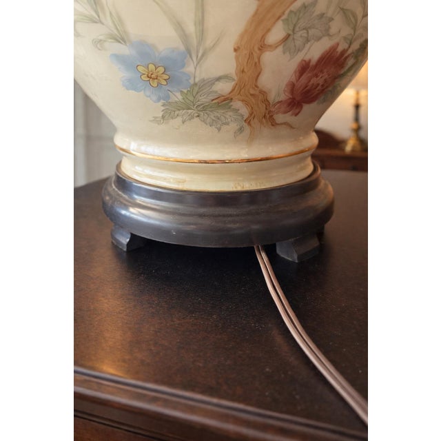 English Vintage Floral Porcelain Table Lamp With Hand-Painted Botanical Motif and Wood Base For Sale - Image 3 of 5