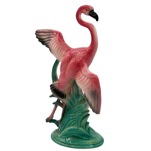Mid-Century Modern 1950s Mid-Century 11" Tall Open Wing Pink Flamingo Ceramic Tabletop Statue, Pair For Sale - Image 3 of 18