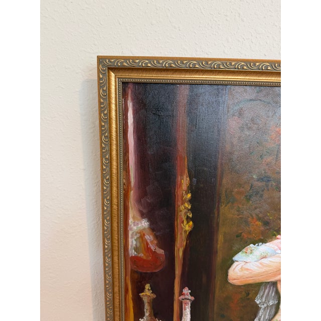 Victorian Style Interior Oil Painting Elegant Lady in Pink Gown, Framed For Sale In Jacksonville, FL - Image 6 of 8