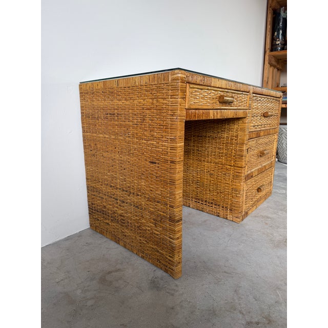 1970s 1970's Vintage Boho Coastal Wrapped Rattan Writing Desk For Sale - Image 5 of 18