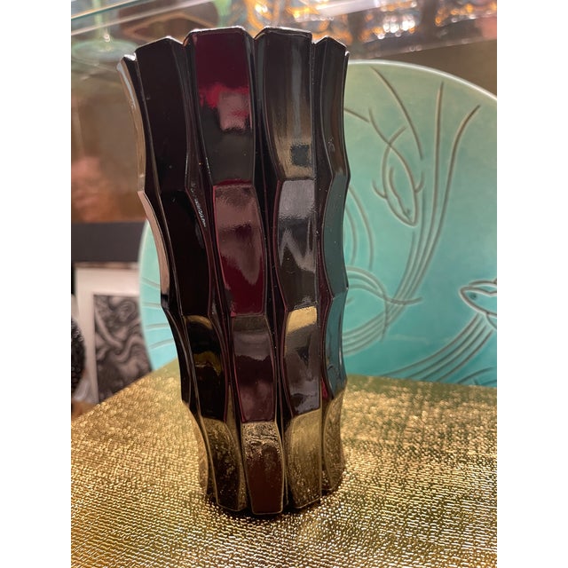 Mid-Century Modern Black Amethyst Fluted Deco Nod to Brutalist Vintage “ Bamboo” Vase For Sale - Image 3 of 6