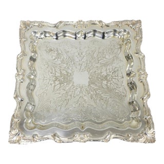 Vintage English Silver Mfg. Silver Plated Ornate Square Bar Serving Platter Tray For Sale