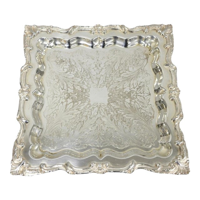 Vintage English Silver Mfg. Silver Plated Ornate Square Bar Serving Platter Tray For Sale