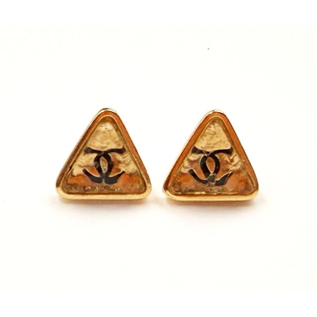 2000 - 2009 Chanel Vintage Gold Plated Triangle Black CC Small Piercing Earrings, A Pair For Sale - Image 5 of 5