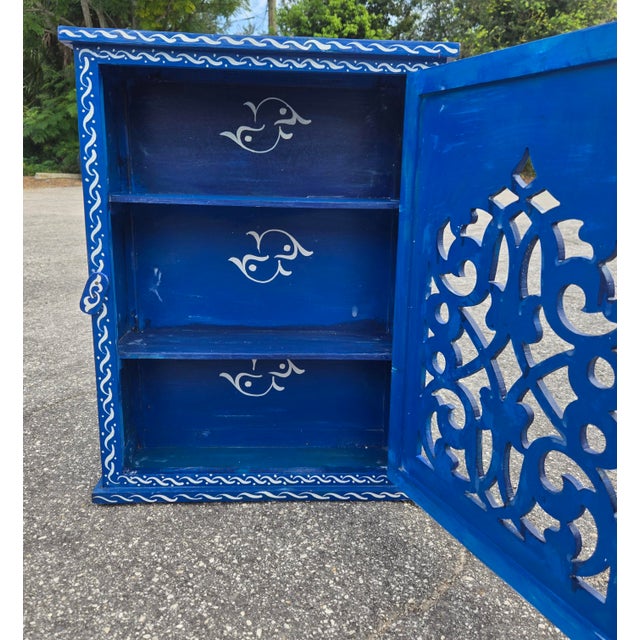 Hand Painted Mediterranean Medicine Cabinet / Wall Shelf / Navy Blue and White Zouak For Sale - Image 4 of 7