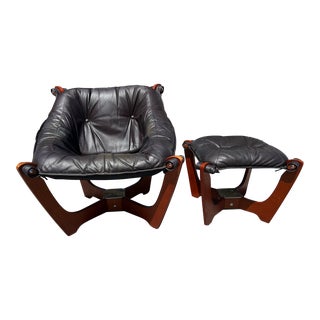 Mid Century Leather Luna Sling Lounge Chair Ottoman by Hjellegjerde Norway For Sale