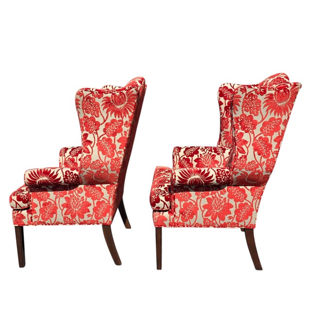 Pair of Late 20th Century Custom Upholstered Wingback Armchairs in Red and Ivory Floral Cut Velvet For Sale In Washington DC - Image 6 of 14