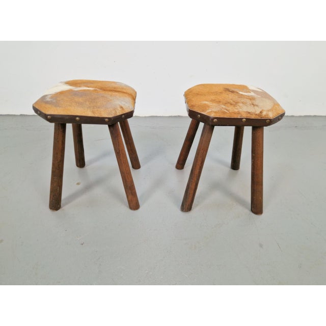 Vintage Milk Stools with Cowhide Seats, 1950s, Set of 2 For Sale - Image 4 of 9