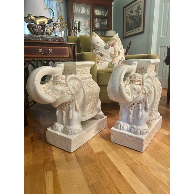 Chinoiserie 1960’s White Chinoiserie Elephant Garden Stools Large 21.5' - A Pair For Sale - Image 3 of 12