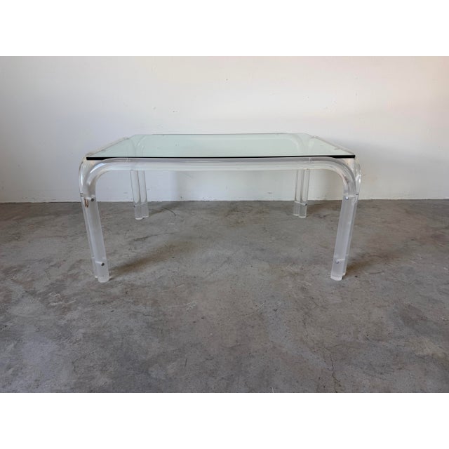 1970s Vintage Karl Springer / Charles Hollis Jones Style Tubular Lucite & Glass Coffee Table For Sale - Image 11 of 12