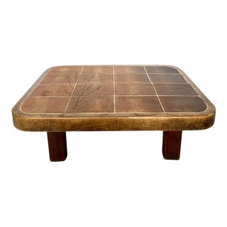 1960s Vintage Rustic French Ceramic Tile and Walnut Coffee Table Signed by Artist For Sale