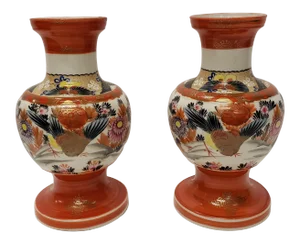 Circa 1930 Japanese Kutani Porcelain Bird/Floral Motifs Footed Baluster Vases - a Pair