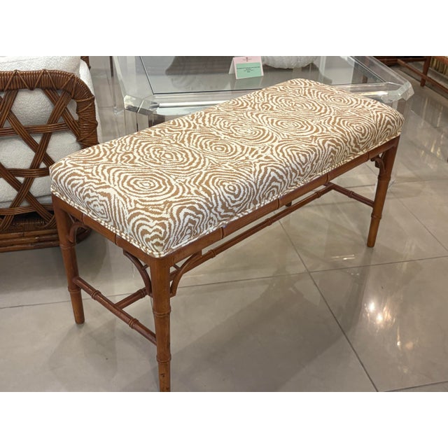 Vintage Faux Bamboo Wood Bench Newly Upholstered Quadrille Fabric For Sale - Image 11 of 11