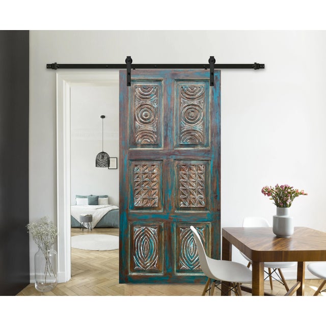 1920s Artisan-Carved Vintage Blue Barn Door – Decorative Closet Door & Architectural Statement Door 80x36 For Sale - Image 5 of 5
