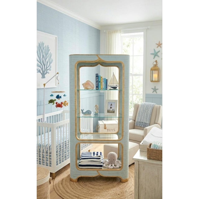 Vintage Custom Painted Baby Blue Gold Arched Pencil Reed Glass Shelving Unit Etagere For Sale - Image 10 of 13