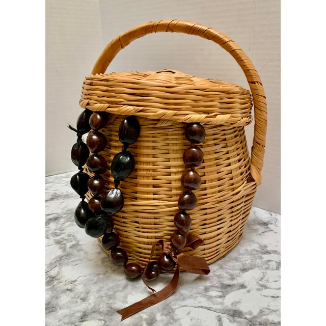 Tan Vintage Wood Woven Storage and Decor Basket With South American Nut Tree Beads. Set of Three For Sale - Image 8 of 12