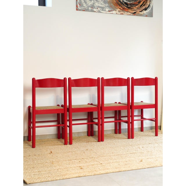 Red Red Lacquered Wooden Chairs with Braided Rope Seats, 1980s, Set of 4 For Sale - Image 8 of 12