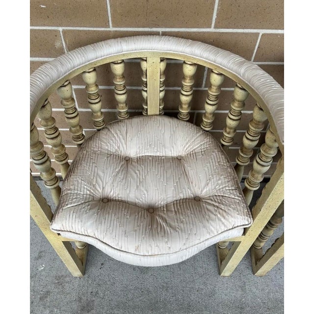 Vintage Hollywood Regency Distressed Cream Washed Spindle Barrel Chairs With Chinese Horseshoe Design, a Pair For Sale - Image 10 of 11