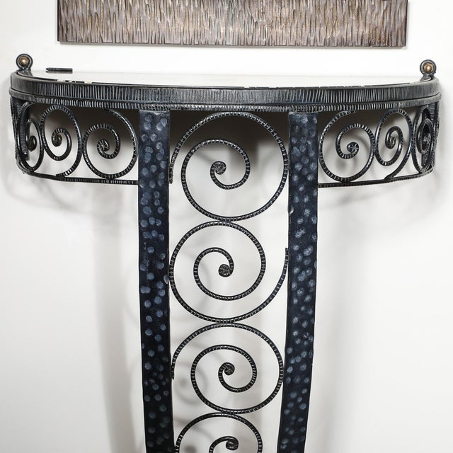 Metal Art Deco Demilune Wrought Iron Spiral Motif & Porto Marble Inset Console Table For Sale - Image 7 of 13