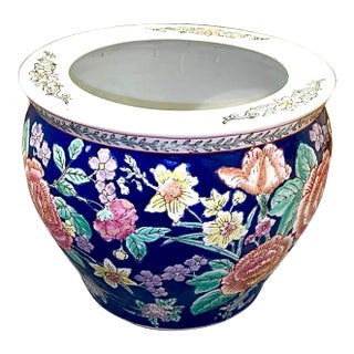 Mid-Century Chinese Porcelain Blue Floral Fishbowl Planter For Sale