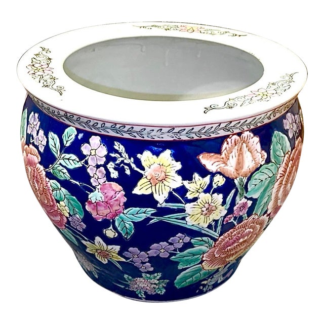 Mid-Century Chinese Porcelain Blue Floral Fishbowl Planter For Sale