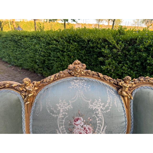 Wood 1950 French Louis XVI Gold Beech Damask Settee - 1 Pc For Sale - Image 7 of 14