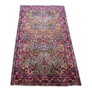 19th Century Kerman Lavar Rug, All-Over Floral Pattern, Ivory & Green, 3’ X 5’ For Sale