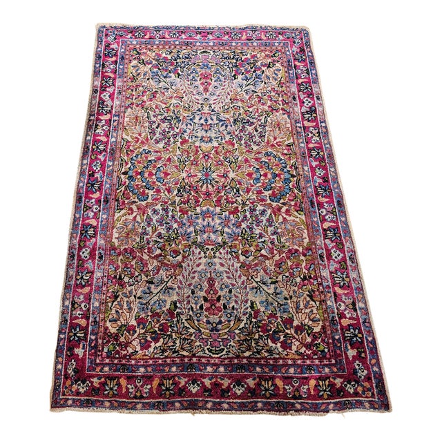 19th Century Persian Kerman Lavar Rug, All-Over Floral Pattern, Ivory & Green, 3’ X 5’ For Sale