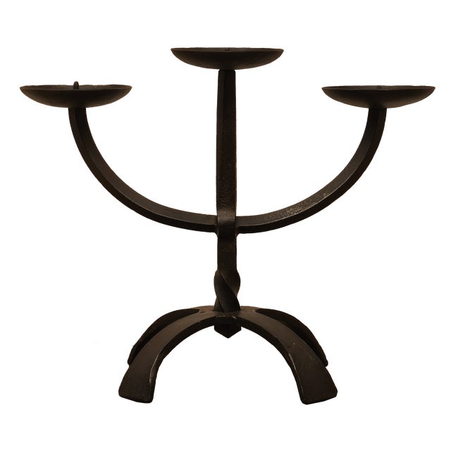 Brutalist Three-Light Chandelier in Hammered Wrought Iron, France, 1960s For Sale - Image 16 of 16