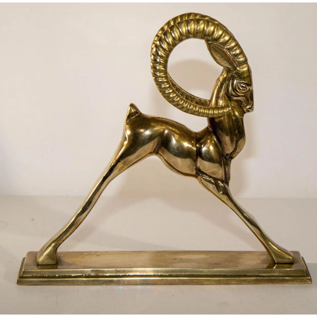 Vintage French Art Deco Style Sculpture of Brass Ibex Antelope. Solid cast brass Ram decorative object or bookend, circa...