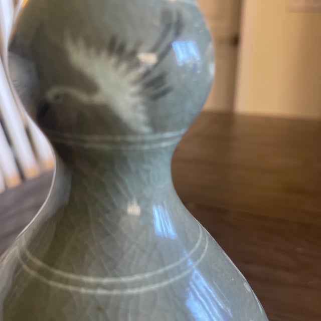 Ceramic 1970s Mid-Century Studio Celadon Double-Gourd Vase With Inlaid Lotus and Medieval Seal Mark For Sale - Image 7 of 12