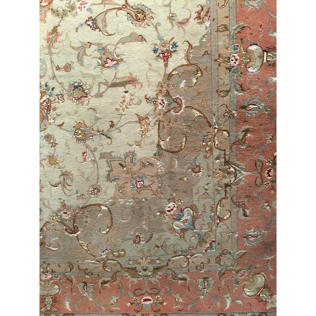 Persian Tabriz Rug, Hand-Knotted Wool & Silk, Fine Floral Pattern, Ivory & Salmon, 7x10 For Sale - Image 13 of 17