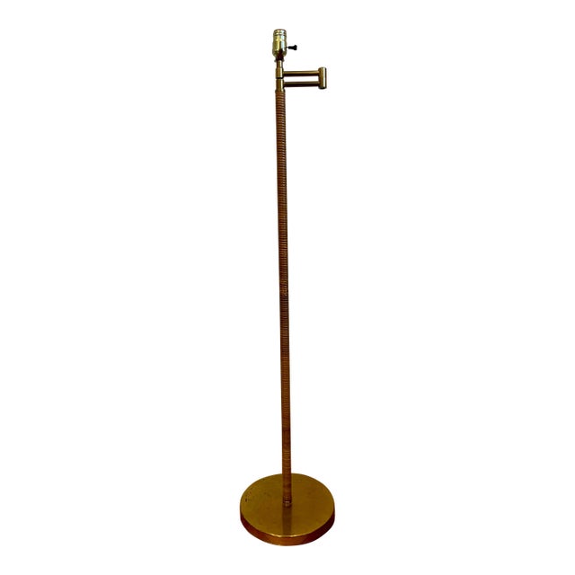 Mid-Century Modern Rattan and Brass Swing Arm Floor Lamp For Sale