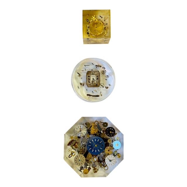 Vintage Mid-Century Lucite Exploding Watch Parts Paperweight Sculptures in the Manner of Pierre Giraudon Set of Three For Sale