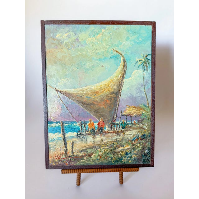 Textile "Jangadas" Mid Century Modern Framed Acrylic Painting on Canvas, by S. Aguilar Navarro For Sale - Image 7 of 9