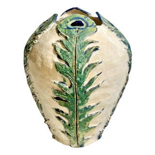 Vintage Italian Earthenware Vase With Stylized Peacock Feather Design For Sale